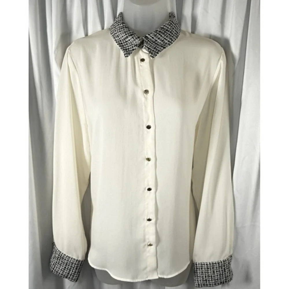 ZARA Cream Tweed Collar‎ Button Up Long Sleeve Blouse Women's L 88-21